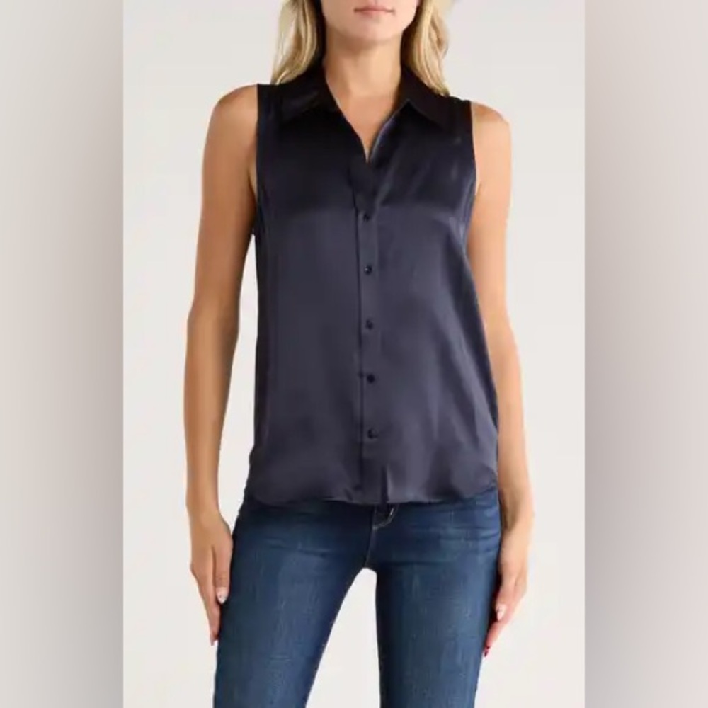 NWT Theory Silk Georgette Sleeveless Button Up - Petite, Navy